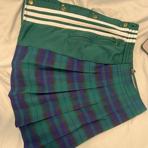 Hand-sewn plaid skirt with vintage adidas tracksuit. Made in LA.